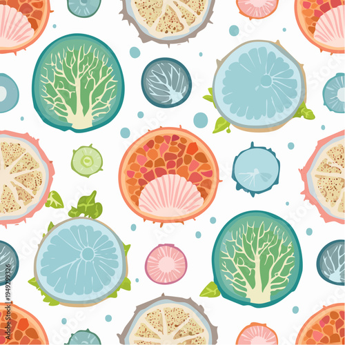 Vector illustration of abstract organic pattern inspired by cellular structures, plankton, and geode crystal cross-sections