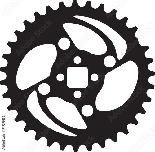 Black bicycle chainring silhouette vector illustration, sprocket gear design for cycling drivetrain, mechanical machine part concept, engineering rotation system icon, industrial component 