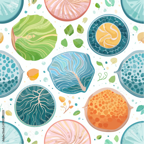 Vector illustration of abstract organic pattern inspired by cellular structures, plankton, and geode crystal cross-sections