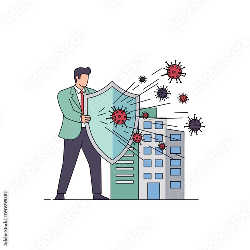 Businessman shields city buildings from coronavirus pandemic attack