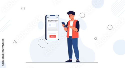 Man Paying Bills Online Using Mobile Phone App, Digital Payment Concept
