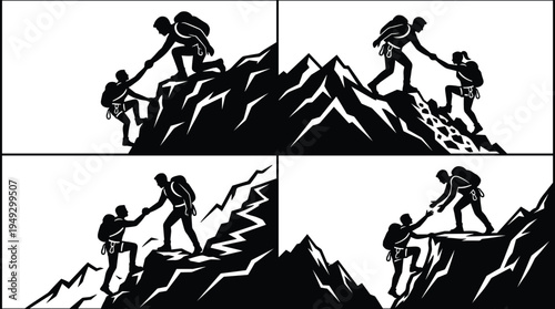 Mountaineering teamwork silhouettes helping climbers on rugged mountain peaks, alpine adventure trekking partnership concept, outdoor leadership support vector illustrationMountaineering teamwork silh