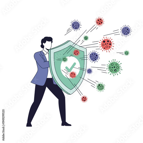 Man defends against virus with shield illustration