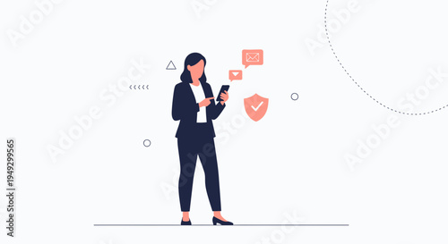 Businesswoman using smartphone with email and security icons, digital communication concept