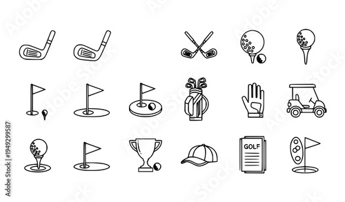 Golf club outline icons set with ball tee flag bag and equipment line art vector