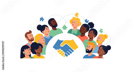 Multicultural Team Collaboration, Partnership & Unity with Handshake Icon and Connecting Puzzle Pieces
