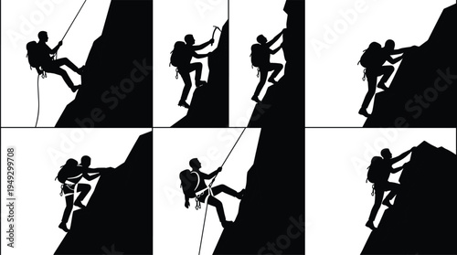 Rock climber silhouette collection, mountaineering adventure scenes, climbers ascending cliff with rope and gear, outdoor extreme sport illustration setRock climber silhouette collection, mountaineeri