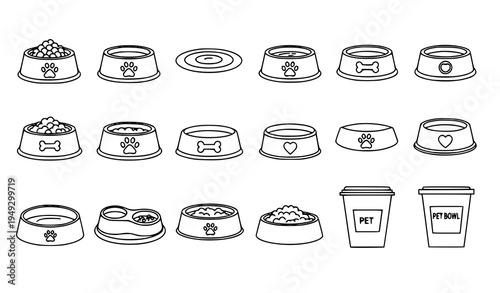 Dog bowl outline icons set with empty and full pet dishes paws bones hearts vector
