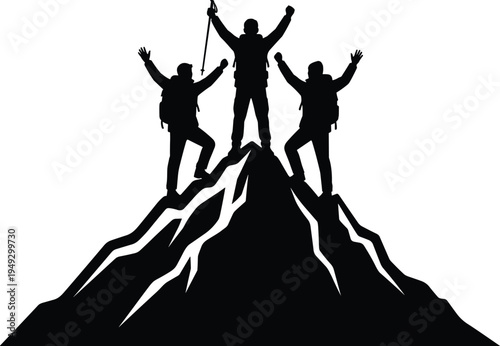 Silhouette climbers celebrating on mountain peak, teamwork success, leadership victory, adventure achievement, partnership motivation, goal accomplishment, inspirational summit triumph concept