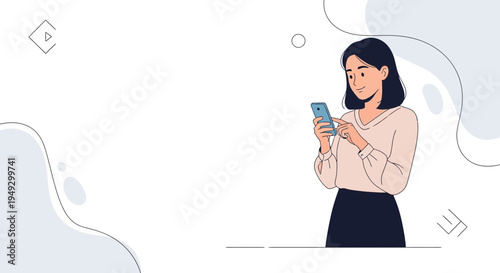 Young woman using smartphone, modern illustration, minimalist design, communication concept