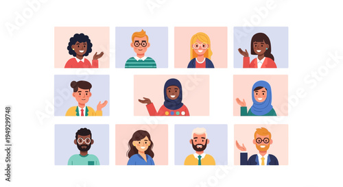 Multicultural Business Team Avatars in Video Conference Call. Diverse Employees, Students, Users Profile Icons for Online Communication and Collaboration.