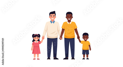 Diverse Gay Couple with Children: Happy Interracial Family Illustration Symbolizing Love, Unity, and Modern Parenthood