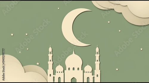 Mosque under crescent moon and clouds.
