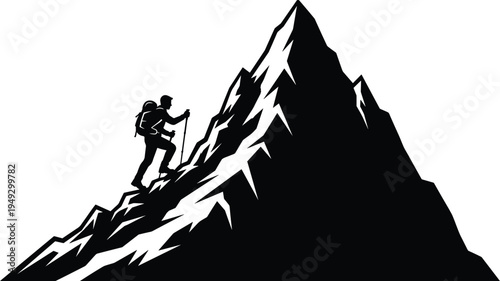 Silhouette mountaineer climbing steep mountain peak, adventure hiking expedition concept, outdoor exploration success, alpine summit challenge, black vector illustration isolated minimal