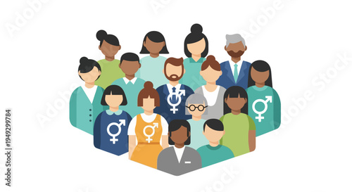 Diverse Community with Gender Identity Symbols Representing Inclusion, Equality, and LGBTQ+ Representation