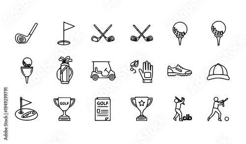 Golf sport outline icons collection with clubs ball tee flag equipment vector set
