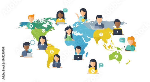 Global Network of Diverse People Communicating and Collaborating on World Map - International Remote Team & Digital Connection Concept