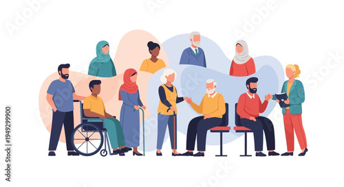 Diverse & Inclusive Community Group Illustration: Multicultural People of All Ages, Abilities & Backgrounds Interacting