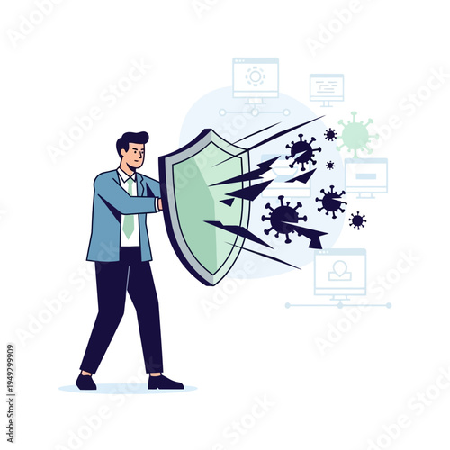 Businessman defending against cyber virus attack with shield, network security concept
