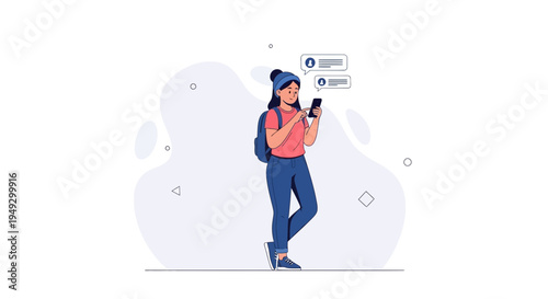 Young woman with backpack texting on smartphone, modern flat illustration
