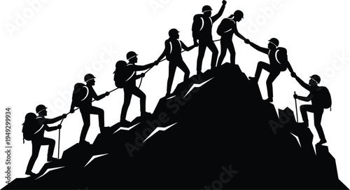 Team of hikers helping each other reach mountain summit, teamwork leadership concept, adventure trekking partnership, success achievement in outdoor challenge