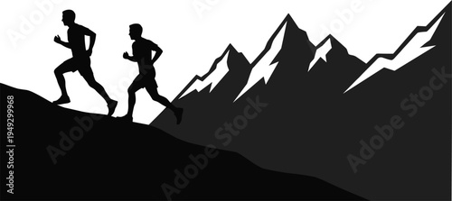 Trail runners silhouette running on mountain landscape, outdoor fitness adventure, endurance training concept, athletes jogging uphill in alpine nature scenery