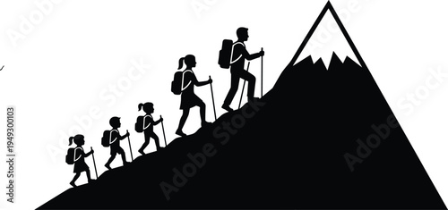 Family hiking adventure silhouette climbing mountain peak, outdoor trekking journey with parents and children reaching summit success concept