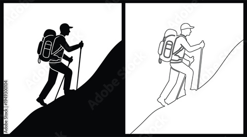Hiker climbing mountain illustration set, solid silhouette and outline backpack trekker walking uphill with poles, outdoor adventure hiking concept