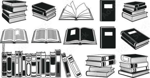 Black and white vector illustration of stacked books, open books, closed books, bookshelf arrangement, educational design elements, literary theme, academic concept artwork