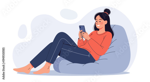 Young Woman Relaxing on Bean Bag Chair, Using Smartphone, Casual Lifestyle