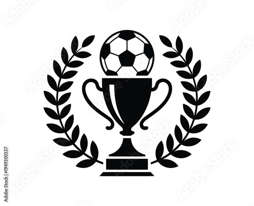 Soccer ball inside trophy with laurel wreath, black and white vector illustration, victory and sportsmanship symbol, high quality professional detailed design.