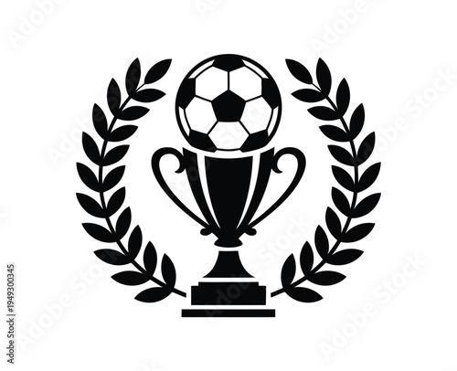 Soccer ball inside trophy with laurel wreath, black and white vector illustration, victory and sportsmanship symbol, high quality professional detailed design.
