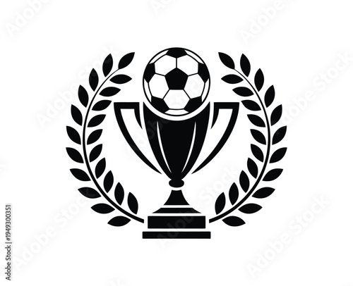 Soccer ball inside trophy with laurel wreath, black and white vector illustration, victory and sportsmanship symbol, high quality professional detailed design.
