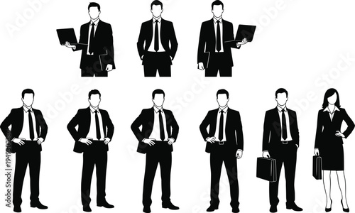 Set of professional business silhouettes in suits holding laptops and briefcases including standing male and female managers for corporate vector
