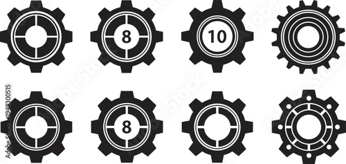 Black gear icons vector illustration, industrial mechanical components collection, cogwheel design variations set, engineering machine parts concept, physics mechanics symbol, abstract gear 