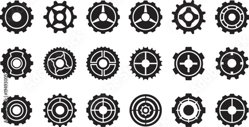 Black gear icons vector illustration, industrial mechanical components collection, cogwheel design set, engineering machine parts concept, physics mechanics symbol, abstract gear patterns