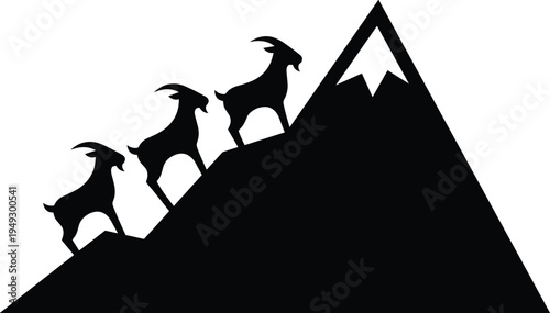 Mountain goats silhouette climbing steep peak, wildlife adventure landscape, alpine animal journey, nature survival concept, wild goats reaching mountain summit