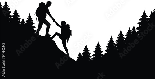 Hikers teamwork silhouette helping climb mountain slope, outdoor adventure trekking partnership, leadership support concept in forest wilderness exploration journey