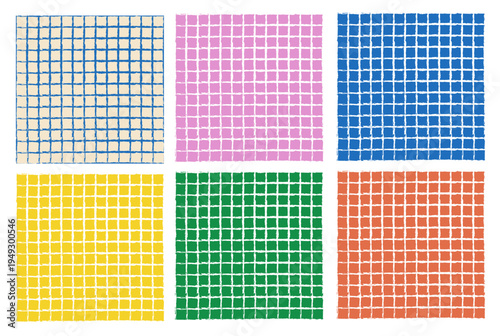 Colorful Hand-Drawn Square Grid Patterns in Six Vibrant Colors