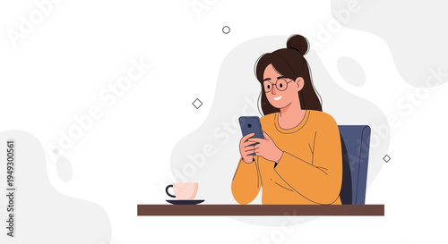 Young Woman Smiling While Using Smartphone at Table with Coffee Cup