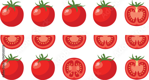 Cartoon tomato illustration set with whole and halved fruits, food vector design for agriculture, nutrition, cooking, healthy eating graphics
