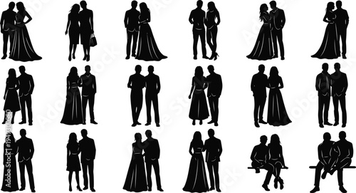 Set of romantic couple silhouettes in formal wedding attire and evening wear posing together for marriage invitations and anniversary vector design