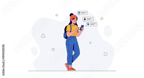 Young Woman Texting on Smartphone with Social Media Notifications