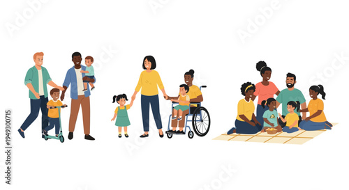 Diverse Families Illustrating Inclusivity: Multiracial, LGBTQ+, Disabled Parents, and Happy Children