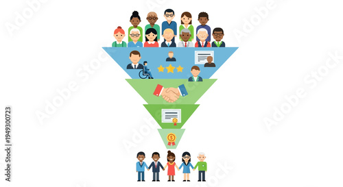 Customer Journey Sales Funnel: Lead Generation, Conversion, & Client Acquisition Process with Diverse People