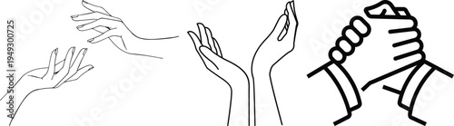 Minimal prayer hands and finger heart gesture line icons collection representing love, gratitude, hope, spirituality and positive emotions in modern outline style.