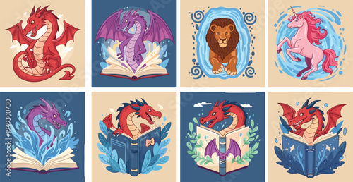 Fantasy book illustration set featuring dragons, unicorns, and lions emerging from magical storybooks for children's literature, fairy tales, and creative education projects.