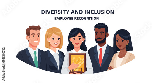 Diverse Business Team Celebrating Employee Recognition with Award, Highlighting Workplace Diversity and Inclusion