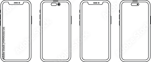 Smartphone outline mockup collection, modern mobile phone front and back frame templates, blank screen vector set for UI UX design presentation