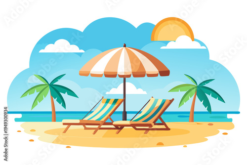 Relaxing beach illustration with two empty sun loungers, a striped umbrella, and palm trees by the ocean.